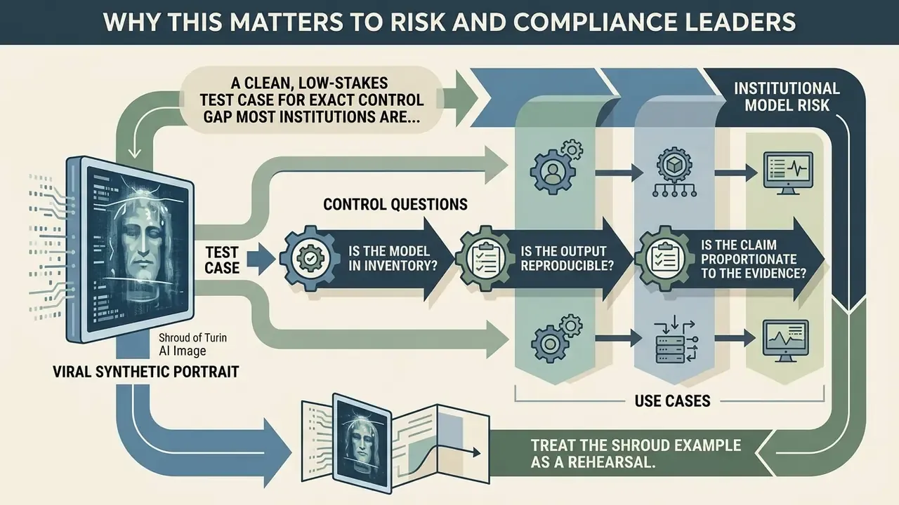 Infographic showing how a Shroud of Turin AI image serves as a test case for institutional model risk controls