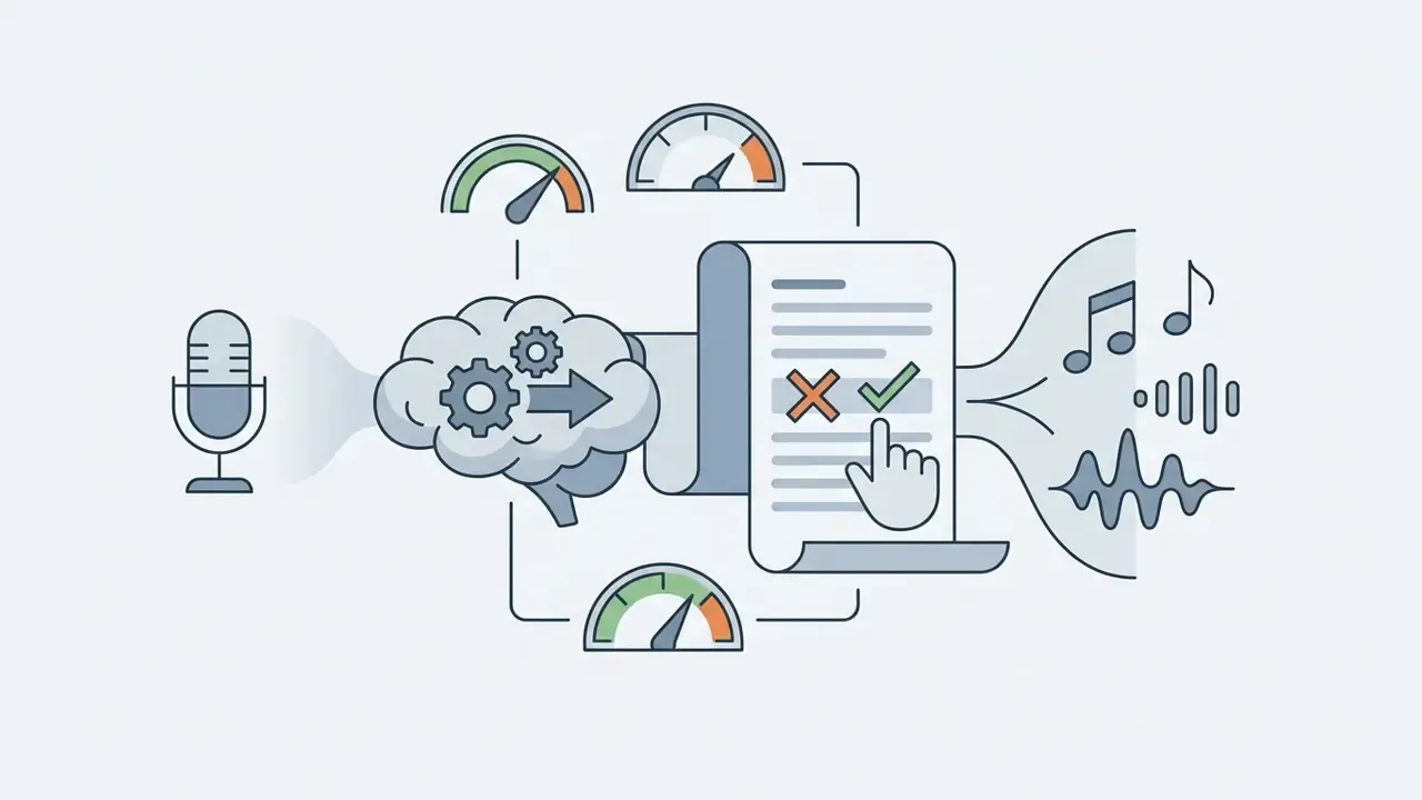 Microphone and brain icon processing text documents into musical notes and audio waveforms