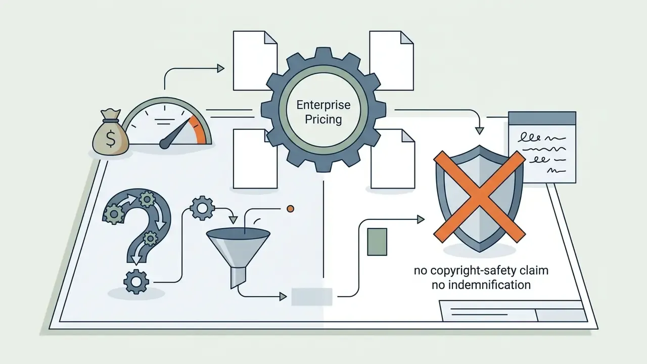 Flowchart showing enterprise pricing linked to missing copyright safety and lack of legal indemnification
