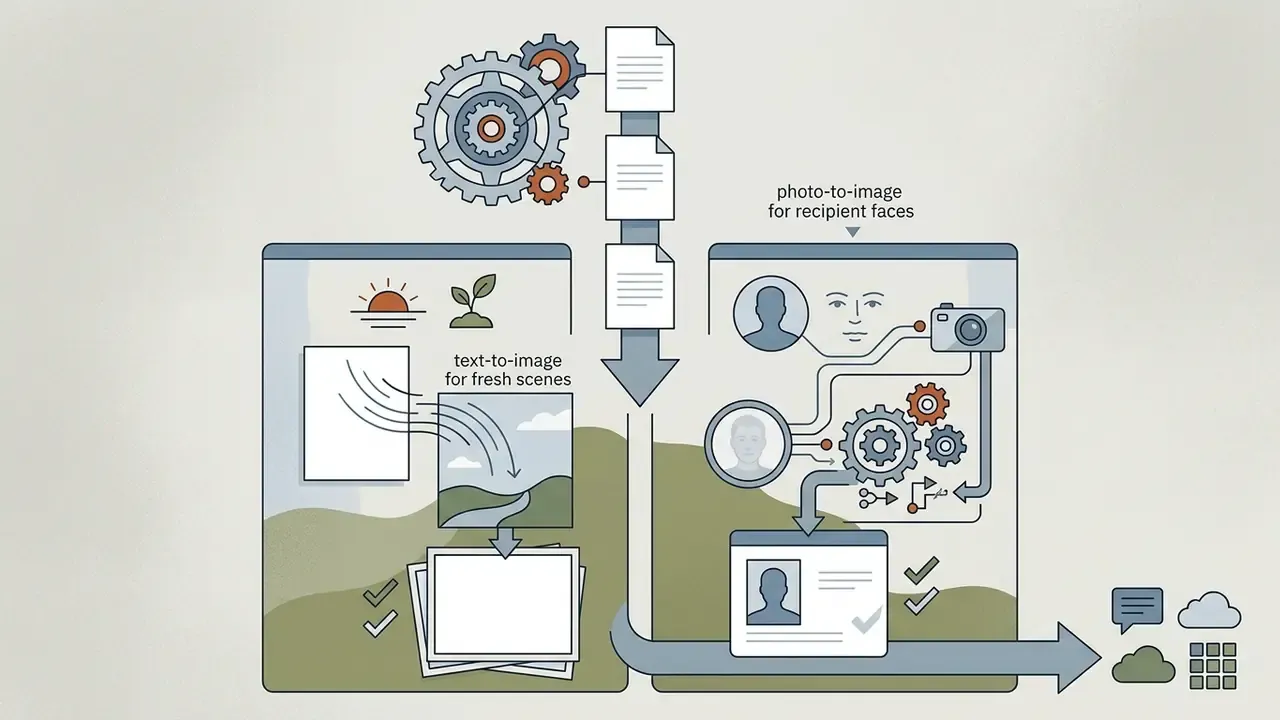 Diagram comparing text-to-image and photo-to-image workflows for generating digital content