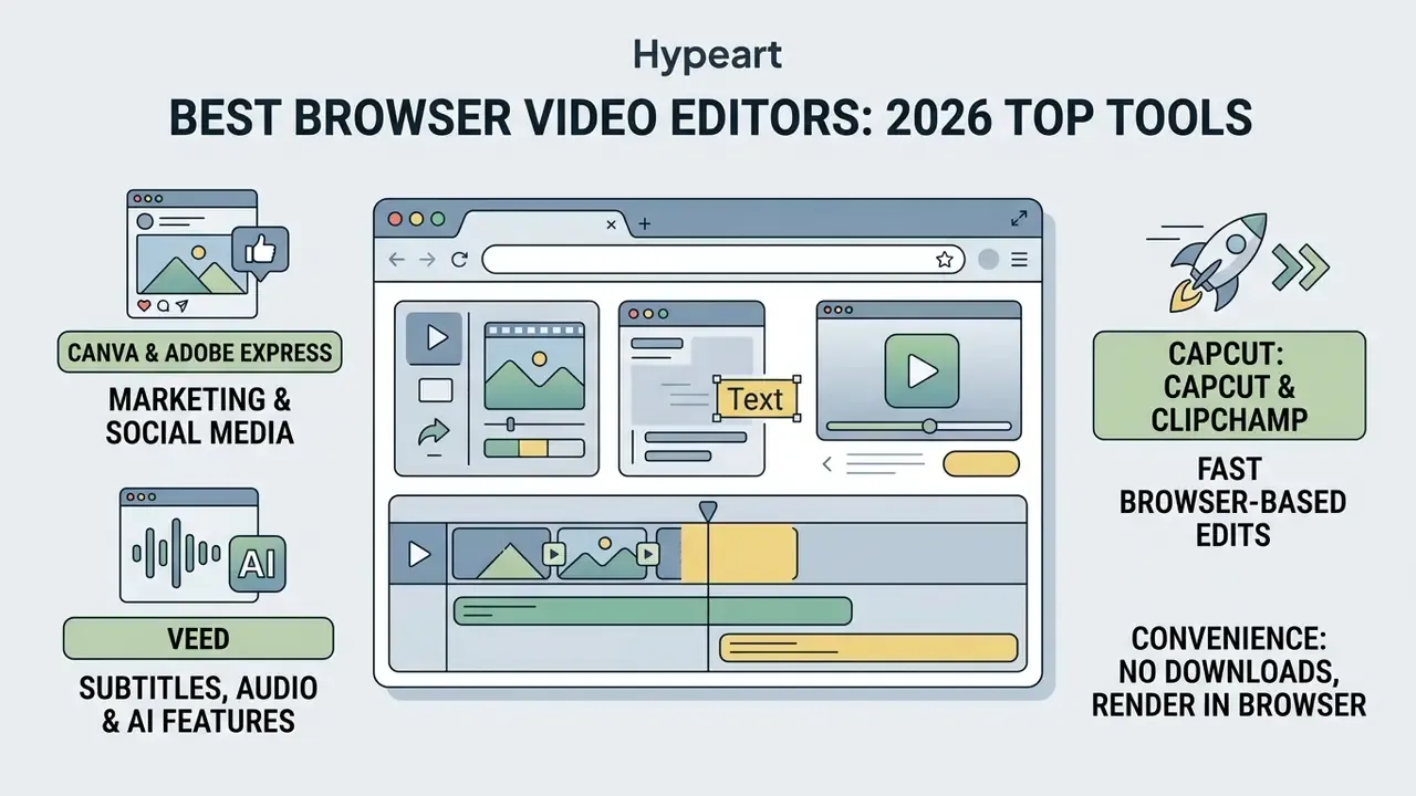 Comparison infographic highlighting top browser video editors for marketing, AI features, and fast editing