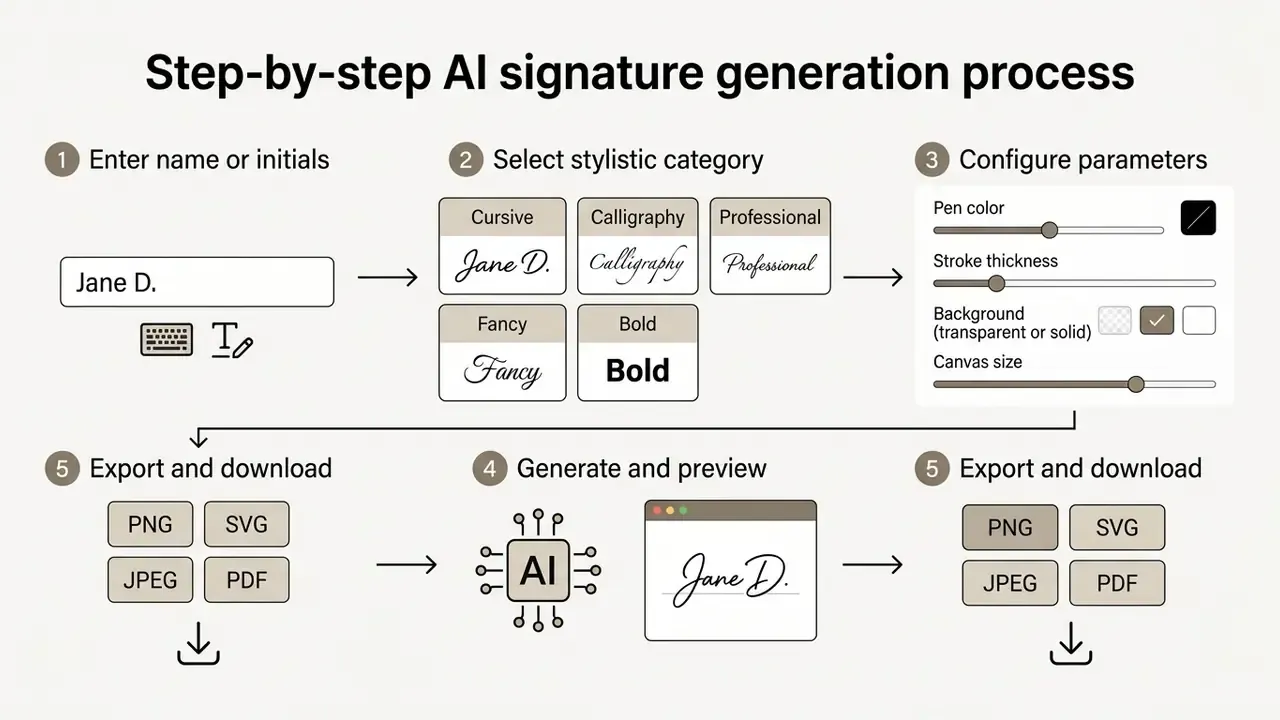 Sequential diagram showing five stages from text input and style selection to customization and file export