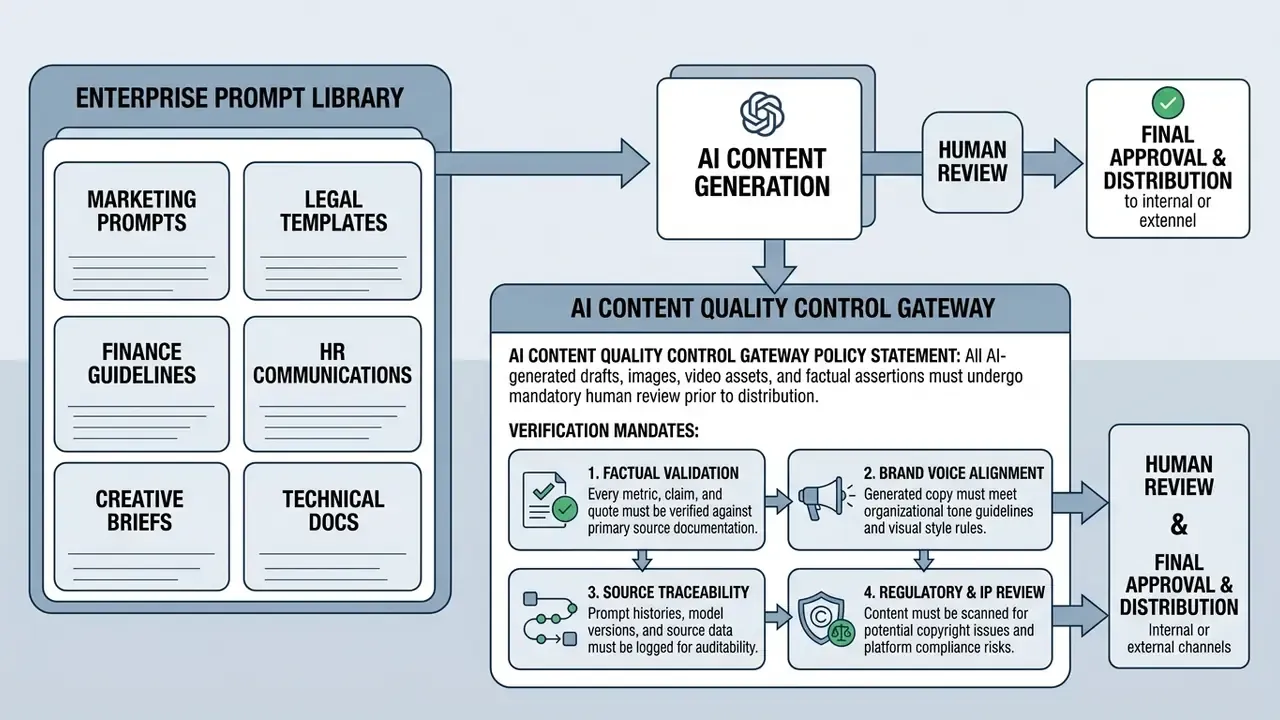 Workflow diagram showing prompt libraries feeding into generation and mandatory quality control steps
