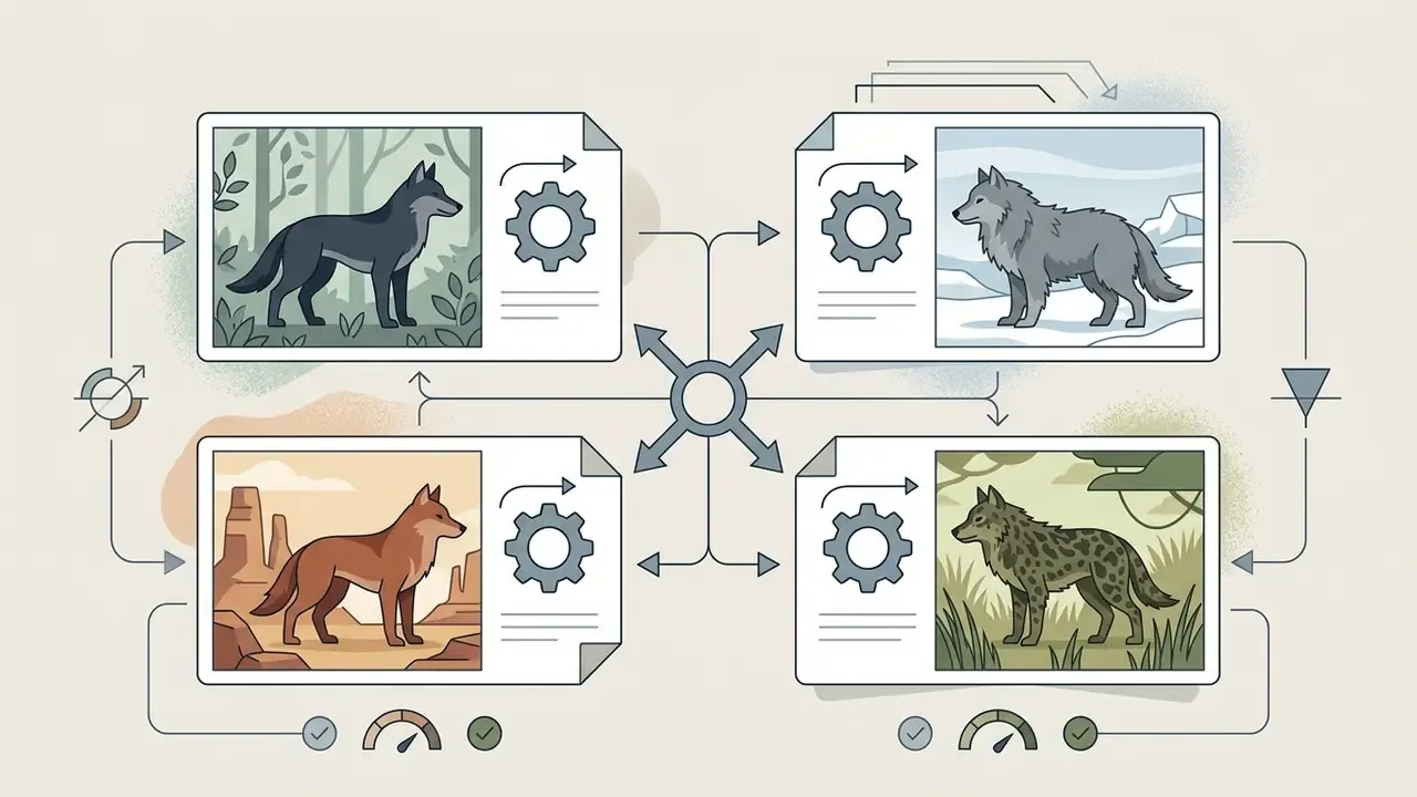 Four cards showing the same wolf species in different biomes connected by a central process hub