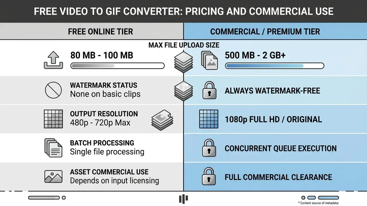 Table contrasting features between free and commercial tiers for a video to GIF converter