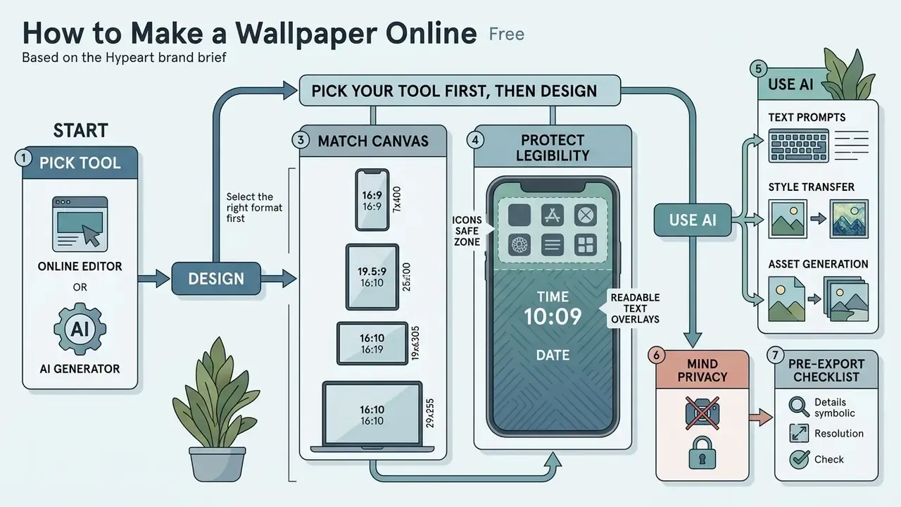 Flowchart outlining the steps to make a wallpaper, from picking a tool to final export and privacy checks