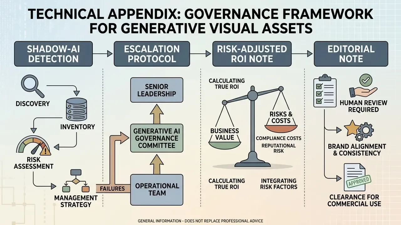 Four-step process diagram for corporate generative asset oversight including risk and editorial review