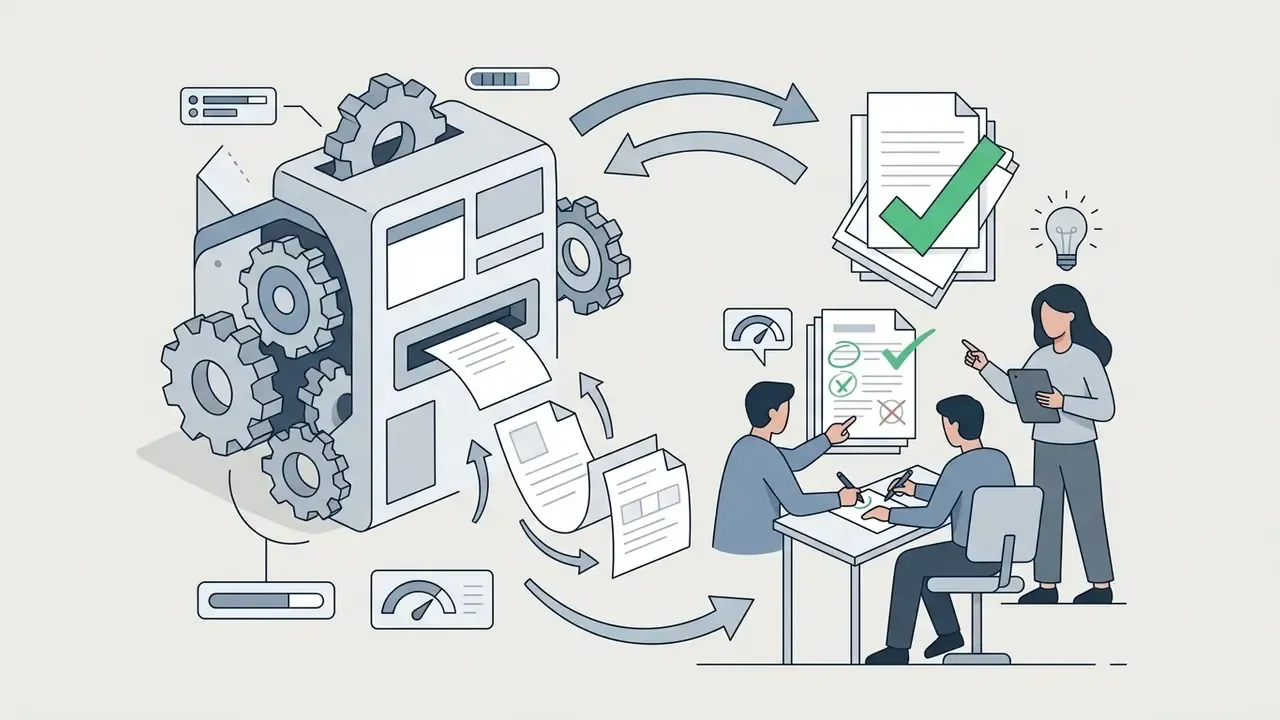 Mechanical processor outputting documents for a group of people to review and critique with checkmarks