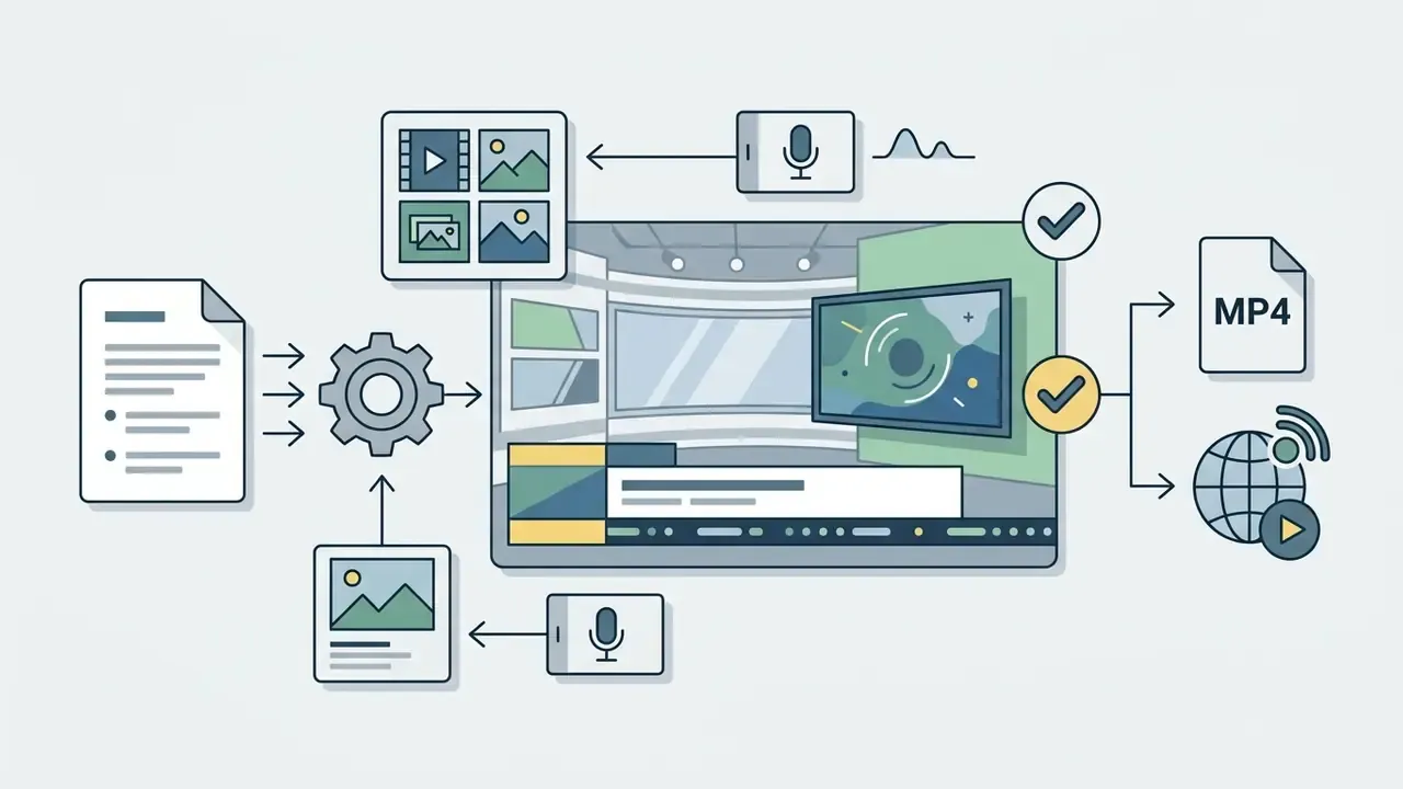 Visual components like stock media and audio merging into a broadcast studio layout for final export