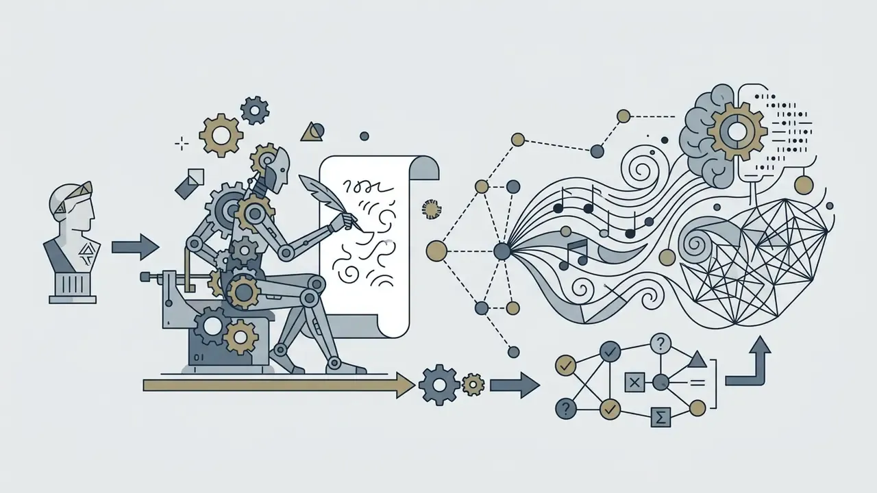 Mechanical automaton writing on paper connected to digital neural network nodes and brain iconography