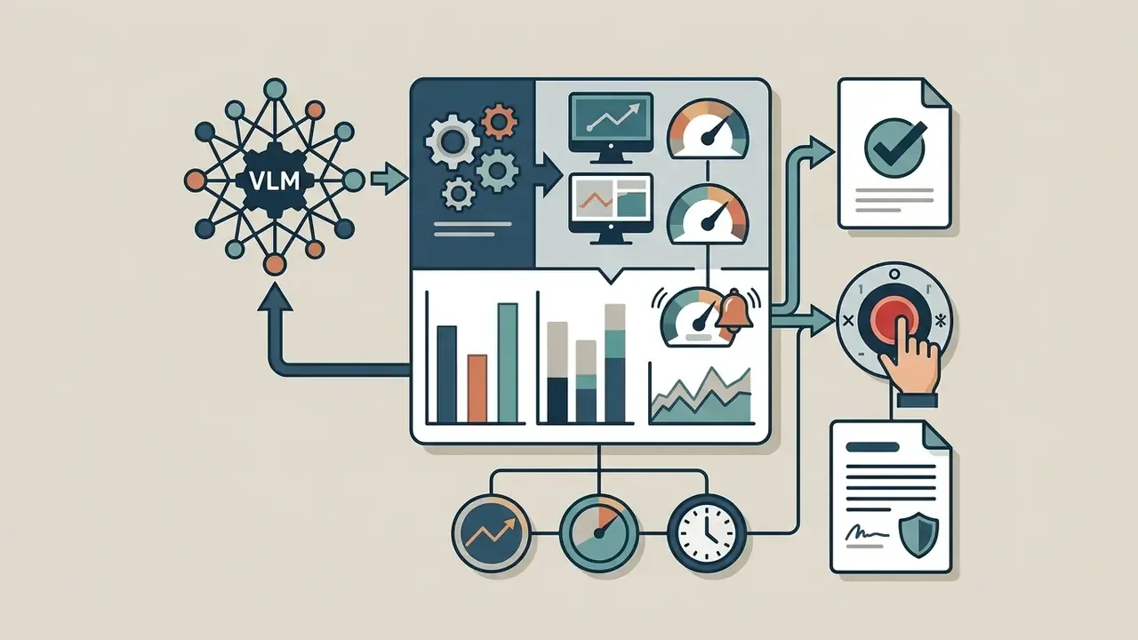 VLM network feeding data into a monitoring hub that triggers alerts, manual overrides, and audit reports