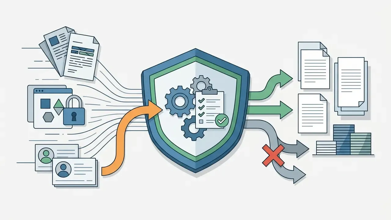 Files and personal data flowing into a shield icon with gears and a checklist for sorting and filtering