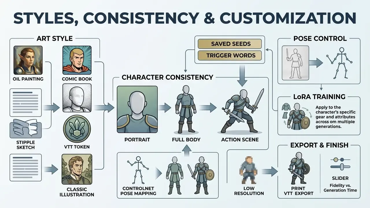 Flowchart detailing techniques for maintaining visual continuity in character and scene generation