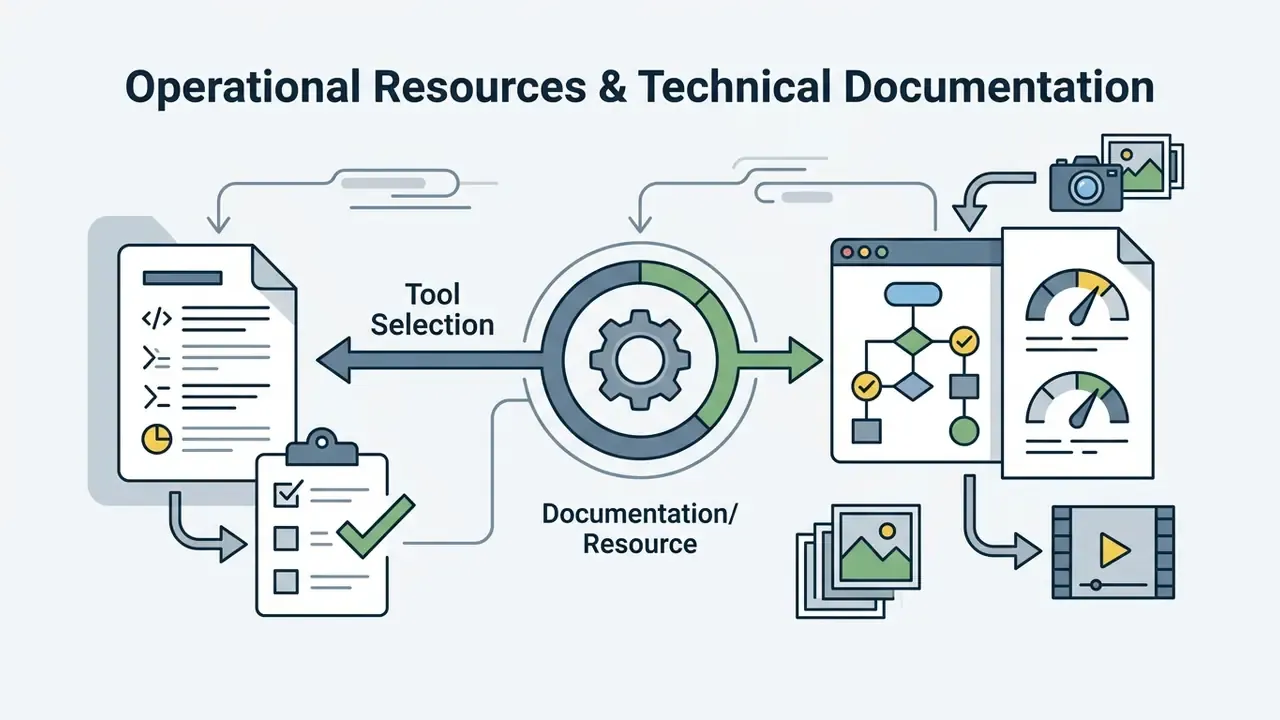 Code documents and checklists feeding into a central gear processor to output media and analytics