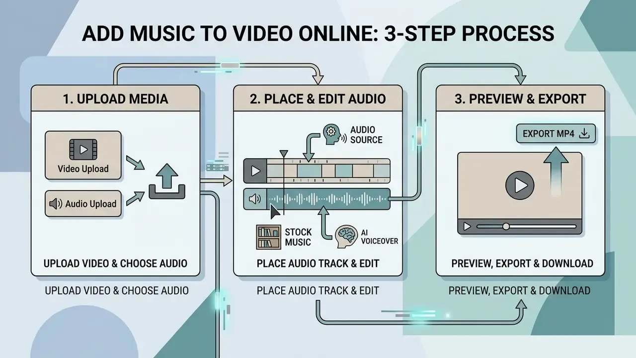 Three-step flowchart showing how to upload media, edit audio tracks, and export a finished video file