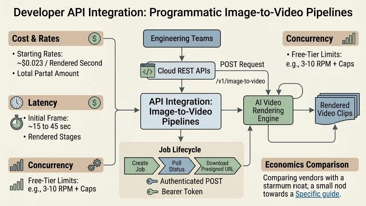 Flowchart showing engineering teams using cloud REST APIs to manage automated image to video rendering