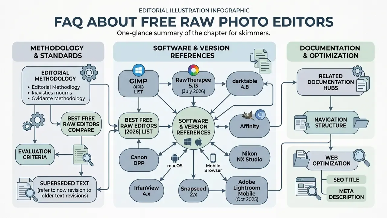Infographic mapping editorial methodology, software version references, and documentation workflows