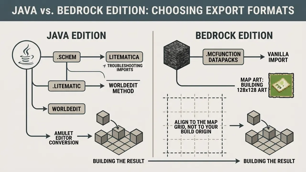 Comparison diagram showing file formats and tools for importing pixel art into Java and Bedrock editions