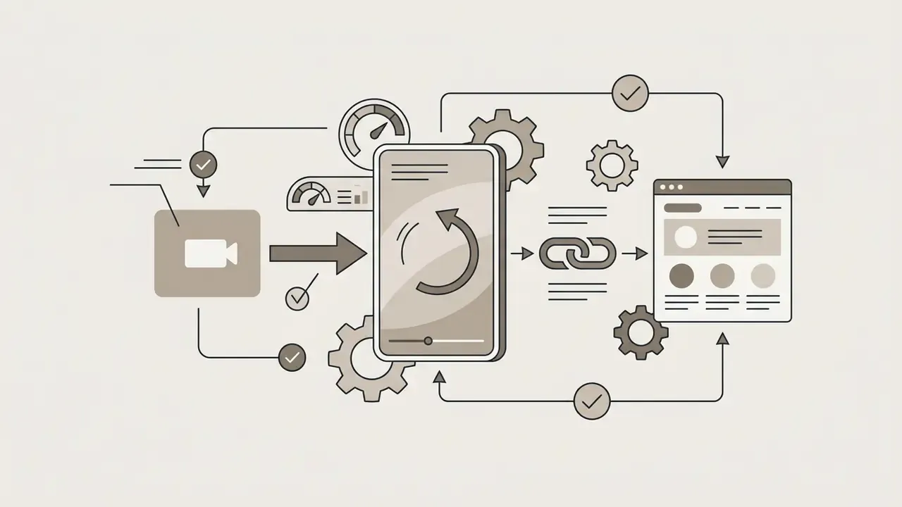 Smartphone screen showing video processing linked to a website landing page with gears and checkmark icons
