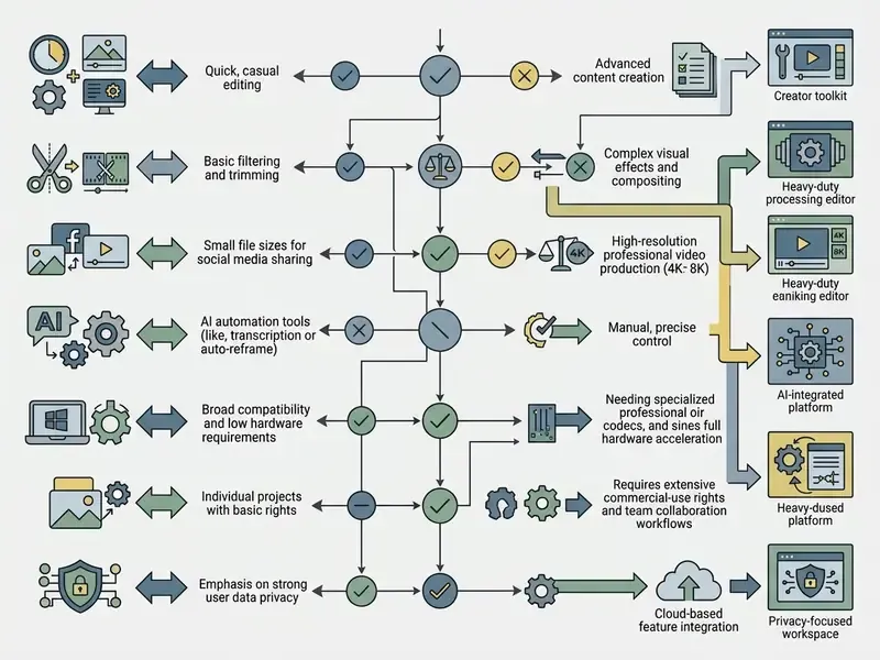 Decision tree mapping specific user requirements to recommended software categories for video editing