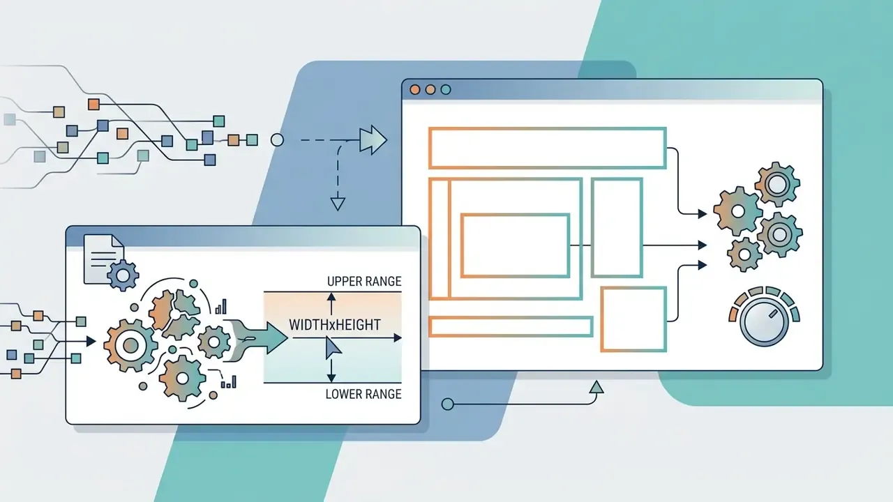 Gears and data streams feeding into a window showing width and height dimension controls