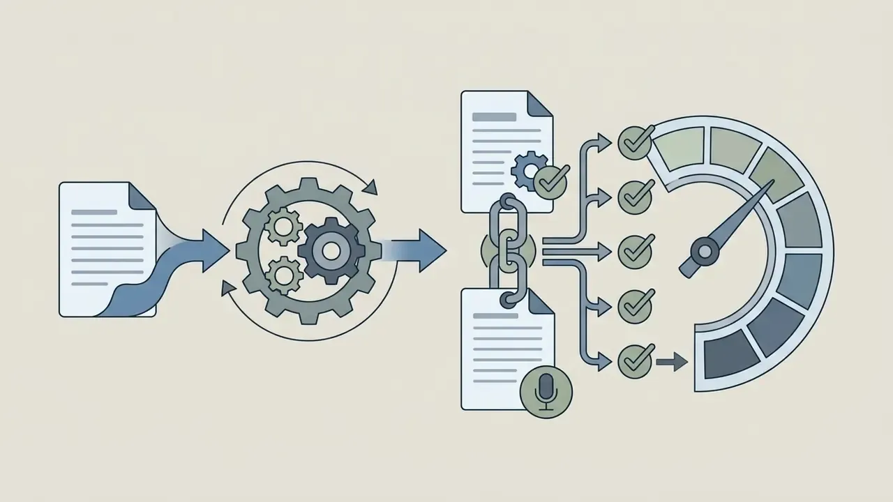 Document processing gears linking hiring criteria to interview scorecards and a progress gauge