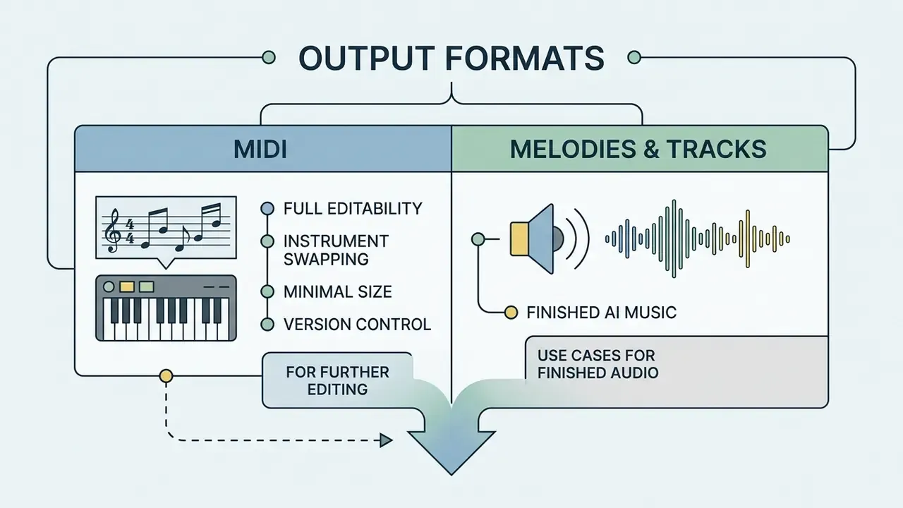 Comparison chart showing benefits of MIDI note data versus finished audio tracks for music production