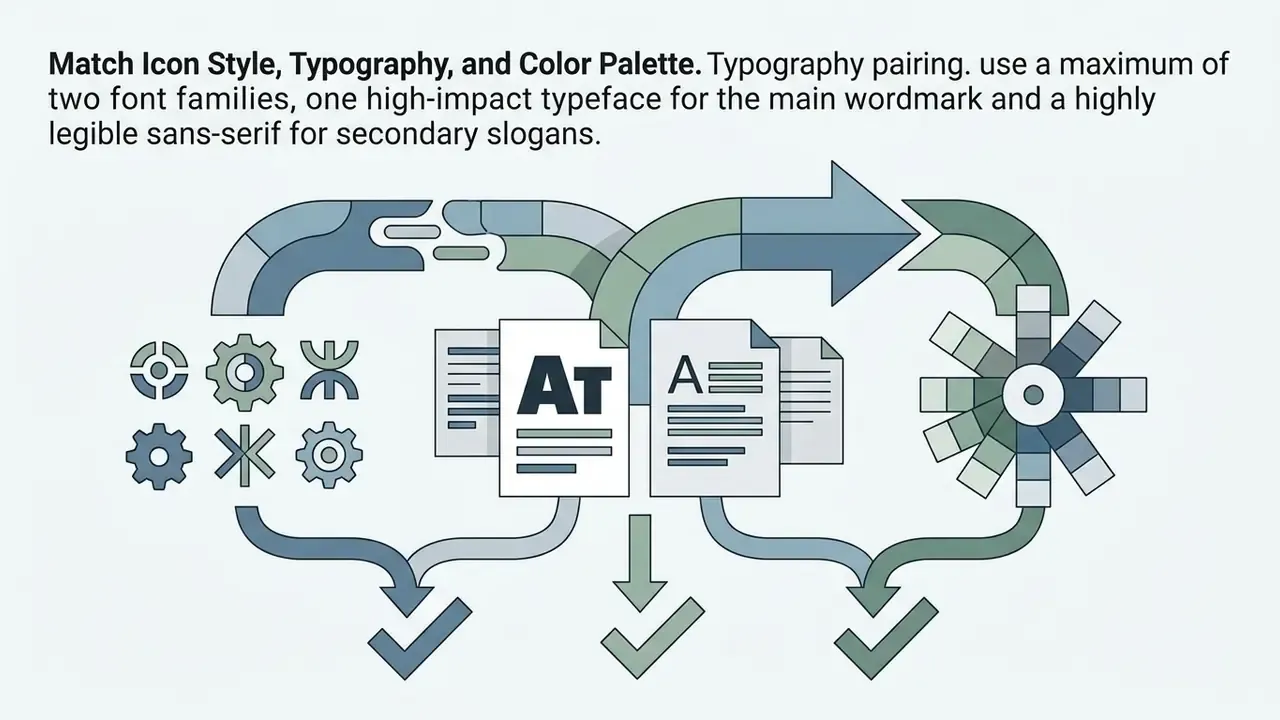 Icons, typography documents, and a color wheel connected by arrows pointing to checkmarks