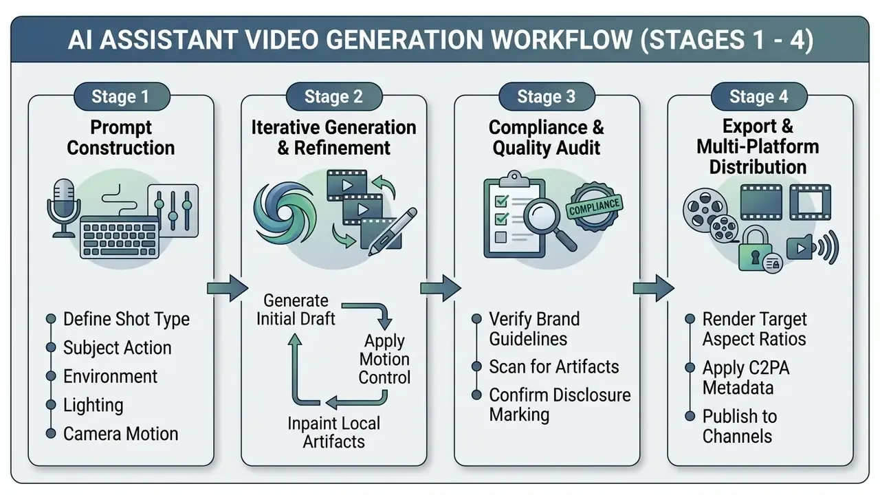 Four-step linear diagram detailing the stages of prompt construction, refinement, audit, and distribution