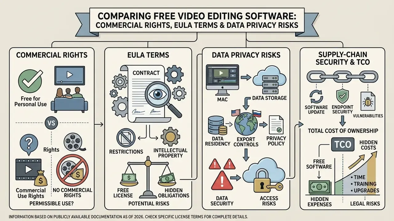 Flowchart outlining commercial rights, EULA terms, and data privacy risks for free video editing software