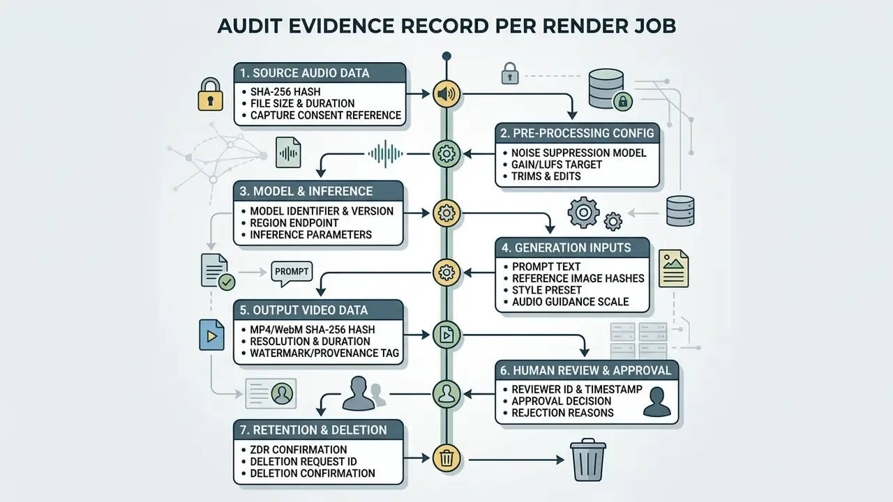 Seven step process flow detailing the audit evidence record for an AI audio to video generator