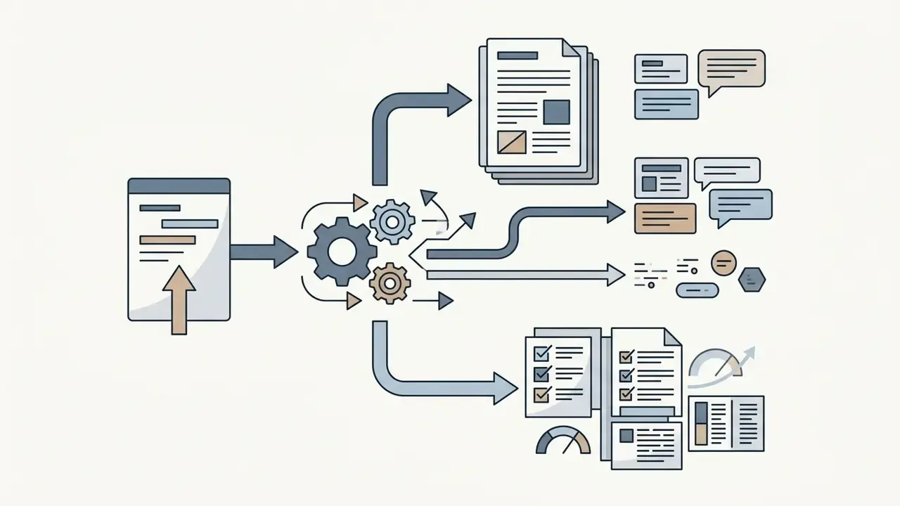 Document input feeding into a gear system that branches out into various text and checklist outputs