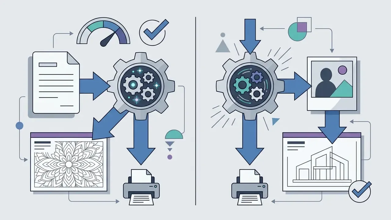 Two side-by-side processing paths showing text prompts and photo uploads converted into line art prints