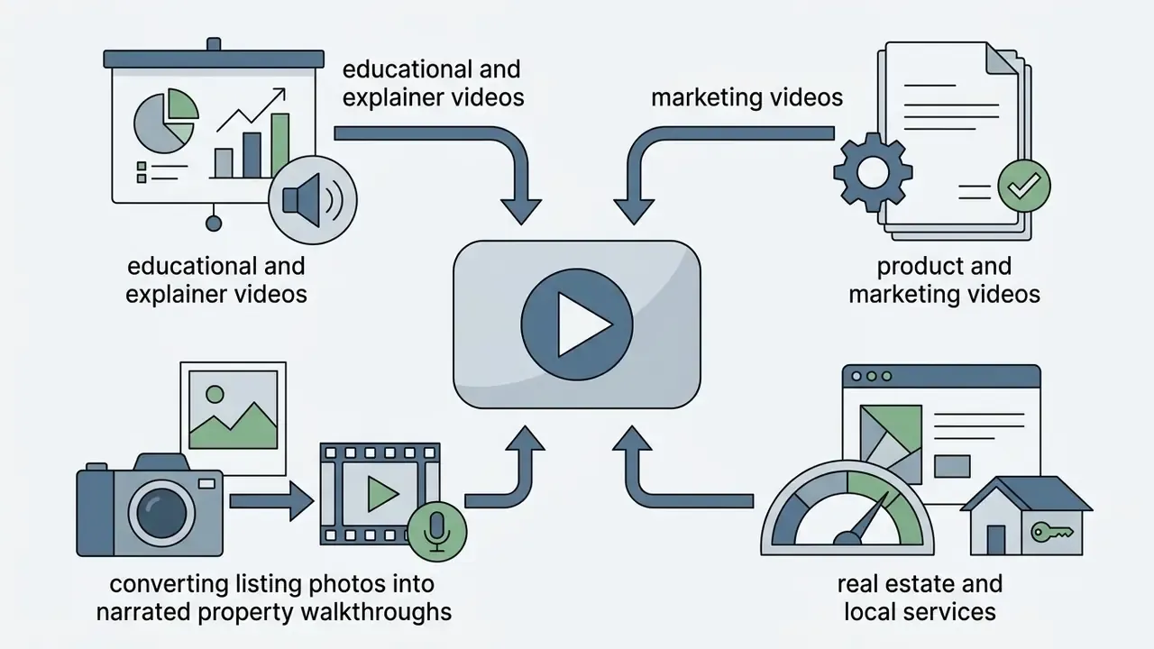 Various content sources feeding into a video engine to create marketing and property walkthrough videos