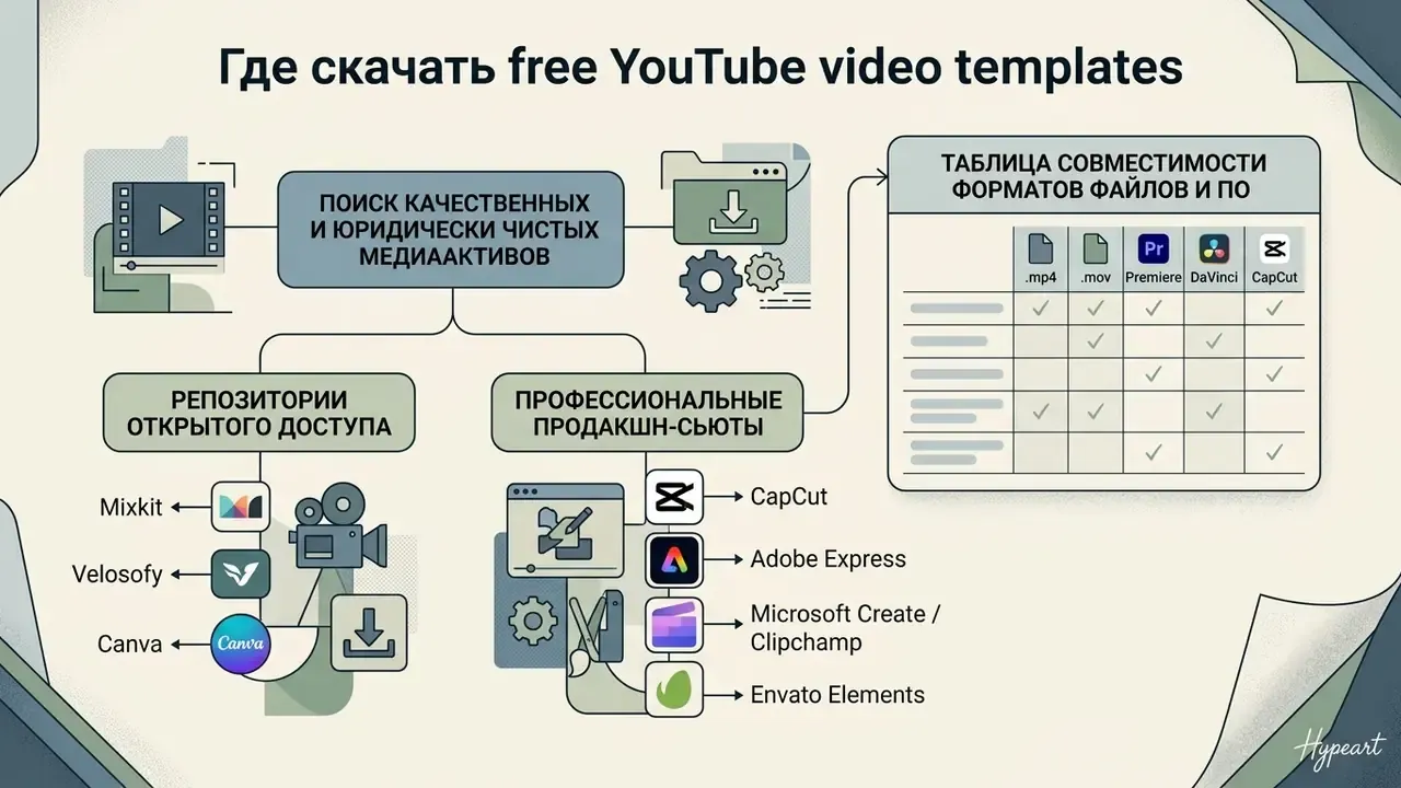 Классификация ресурсов для поиска медиаактивов с таблицей совместимости форматов файлов и программного обеспечения