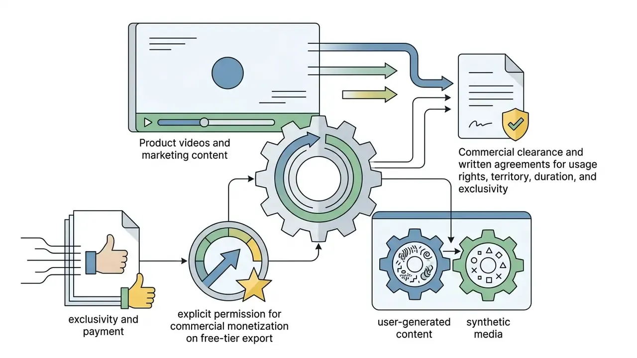 Media assets and usage rights feeding a central gear system to generate cleared commercial video content