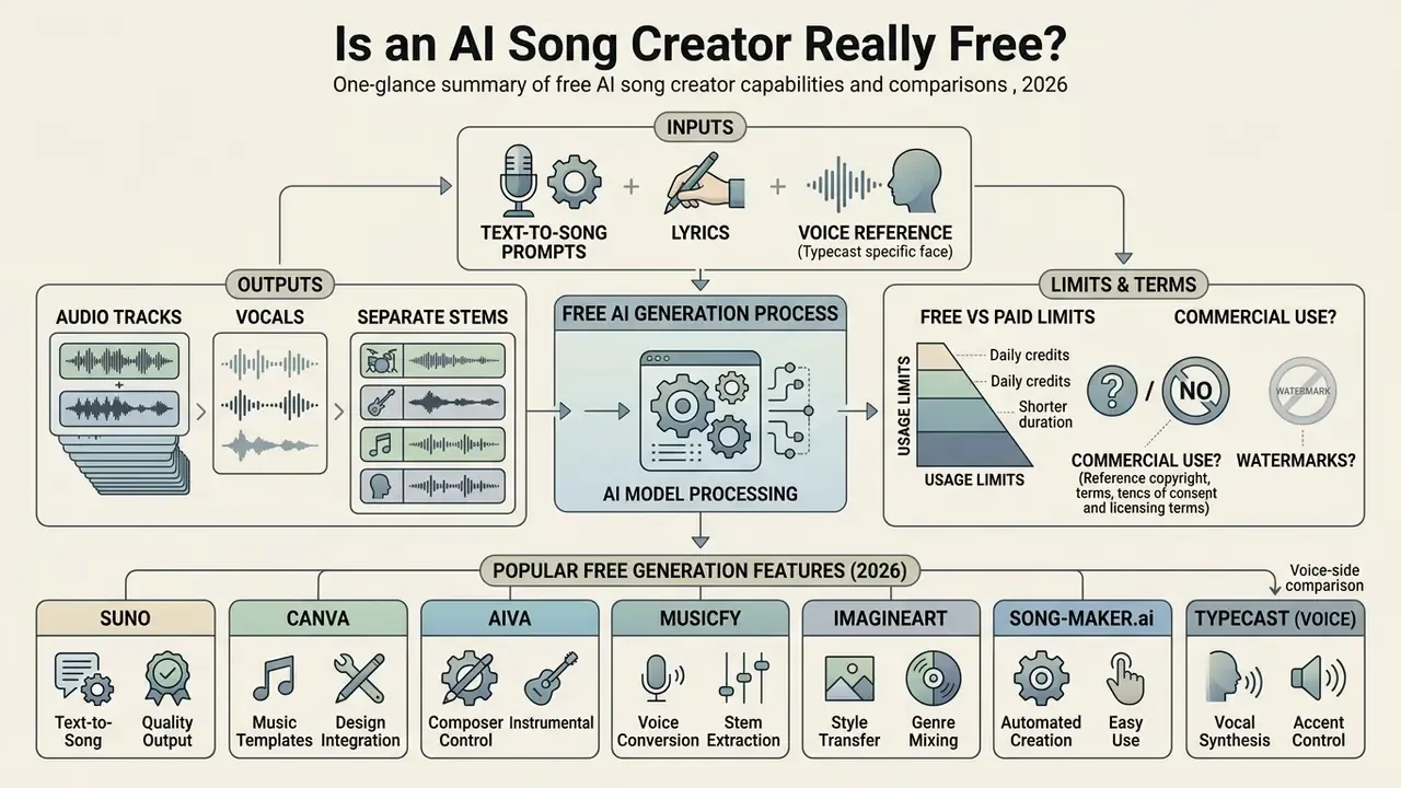 Comparison infographic detailing inputs, outputs, usage limits, and features of an AI song creator free