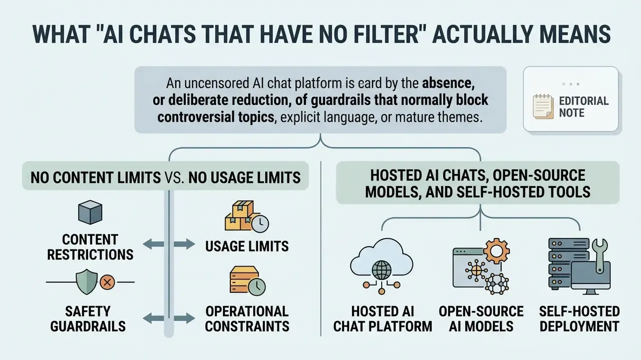 Flowchart distinguishing between content restrictions and deployment methods for uncensored AI chat tools