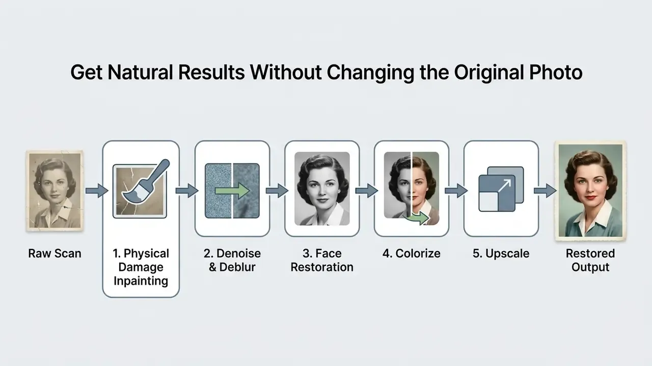 Step-by-step sequence showing AI tools transforming a damaged vintage photo into a clear colorized image