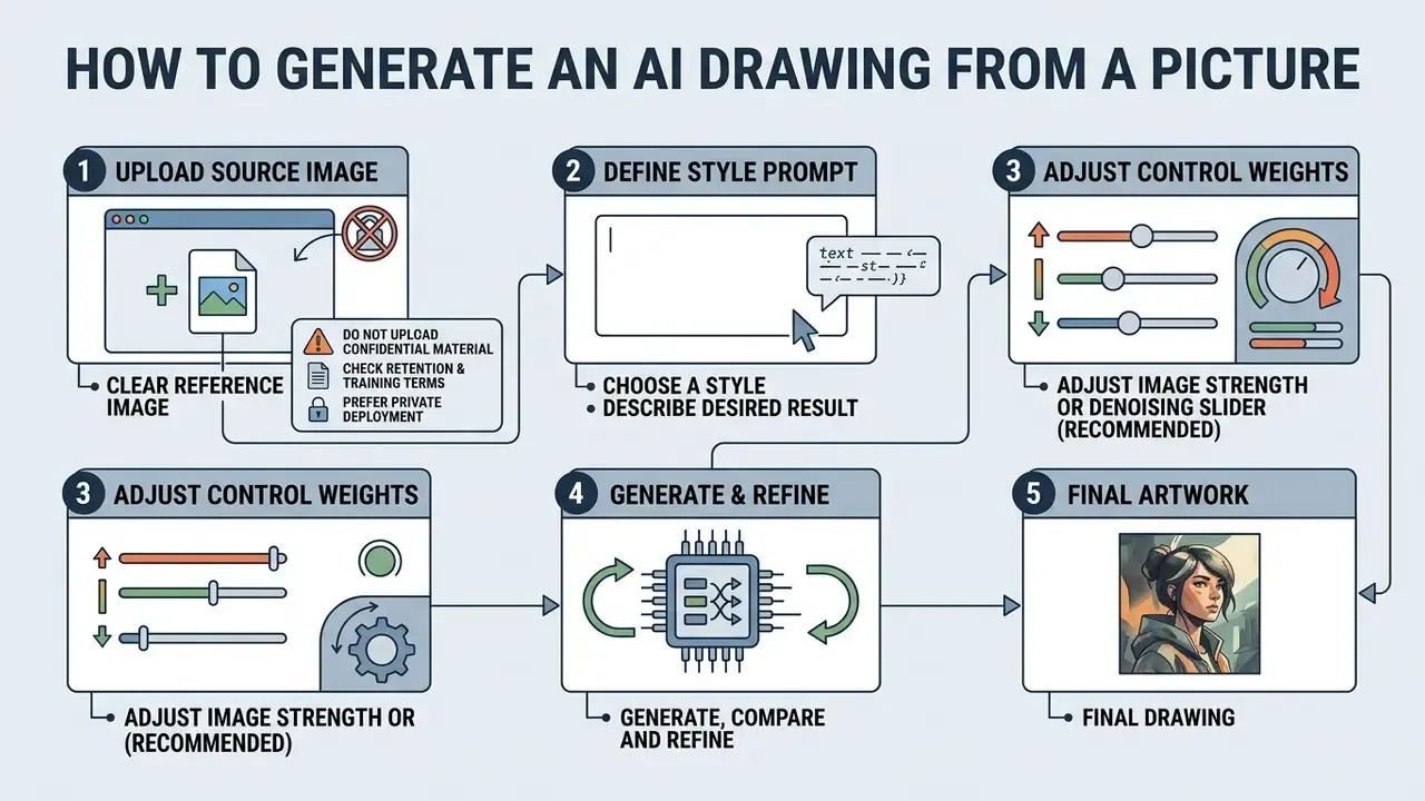 Infographic showing steps to create AI art by uploading images, defining prompts, and refining results
