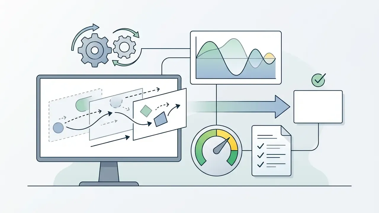 Monitor displaying motion trajectories alongside performance graphs, a speed gauge, and a checklist