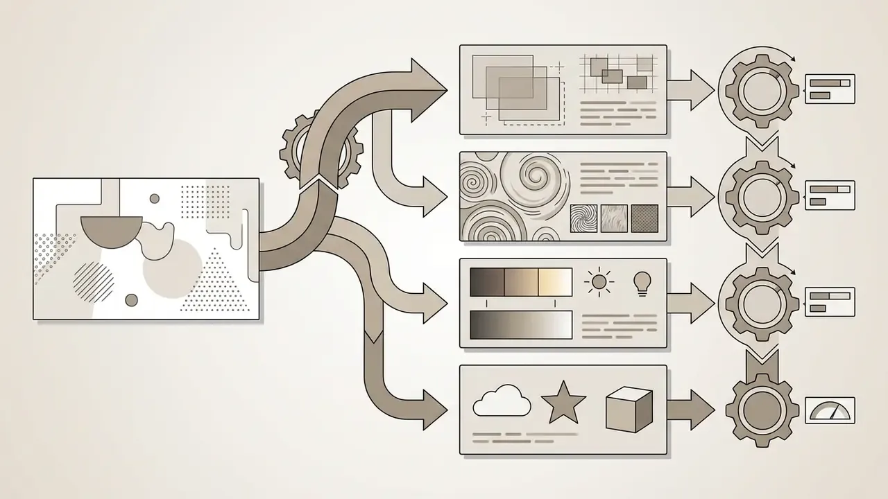 Visual input branching into four modules for analyzing composition, style, lighting, and geometric elements