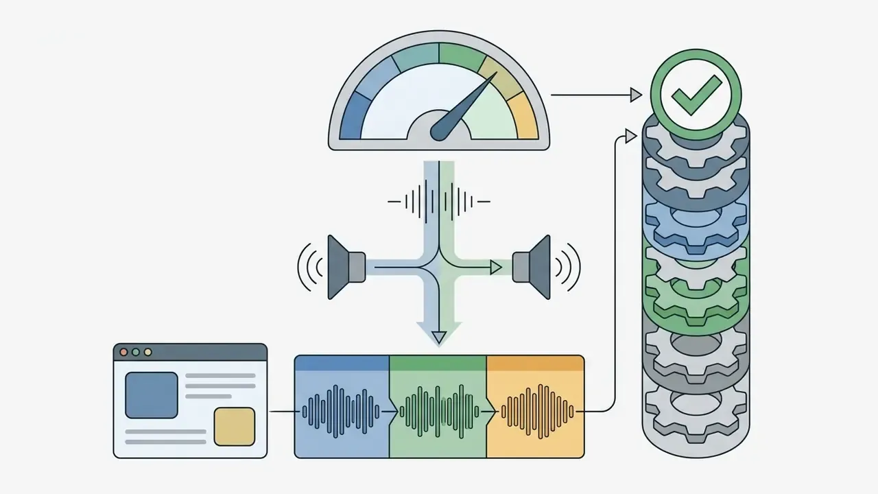 Speedometer and audio wave icons connecting to a vertical stack of gears representing a processing pipeline