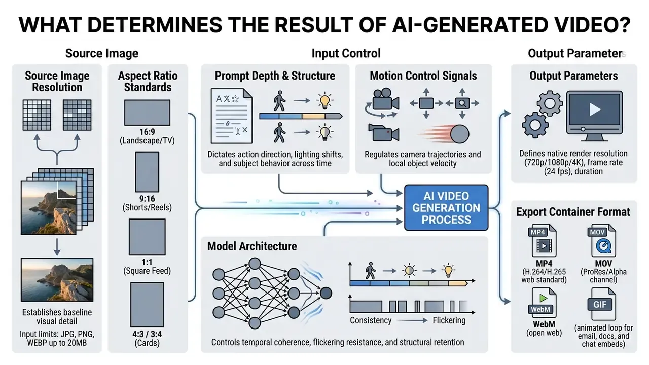 Infographic mapping factors like image resolution, aspect ratios, and model architecture to video output