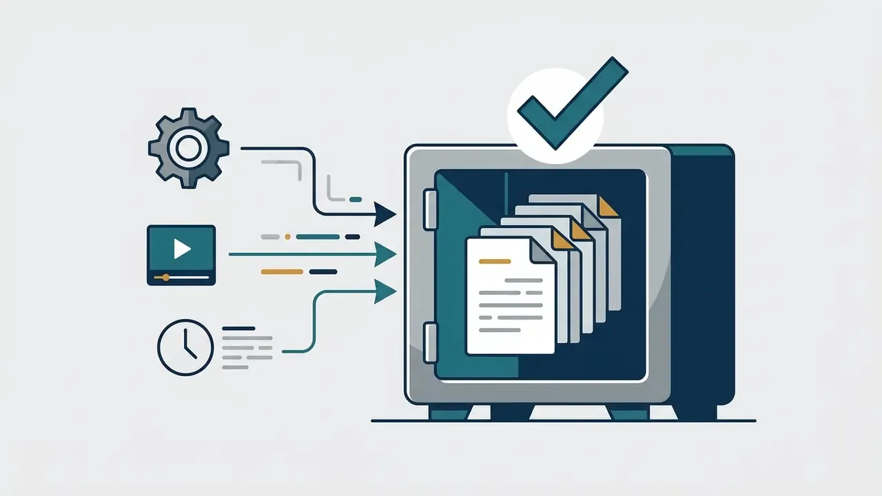 Gear, video, and timestamp icons flowing into a vault containing documents with a checkmark above