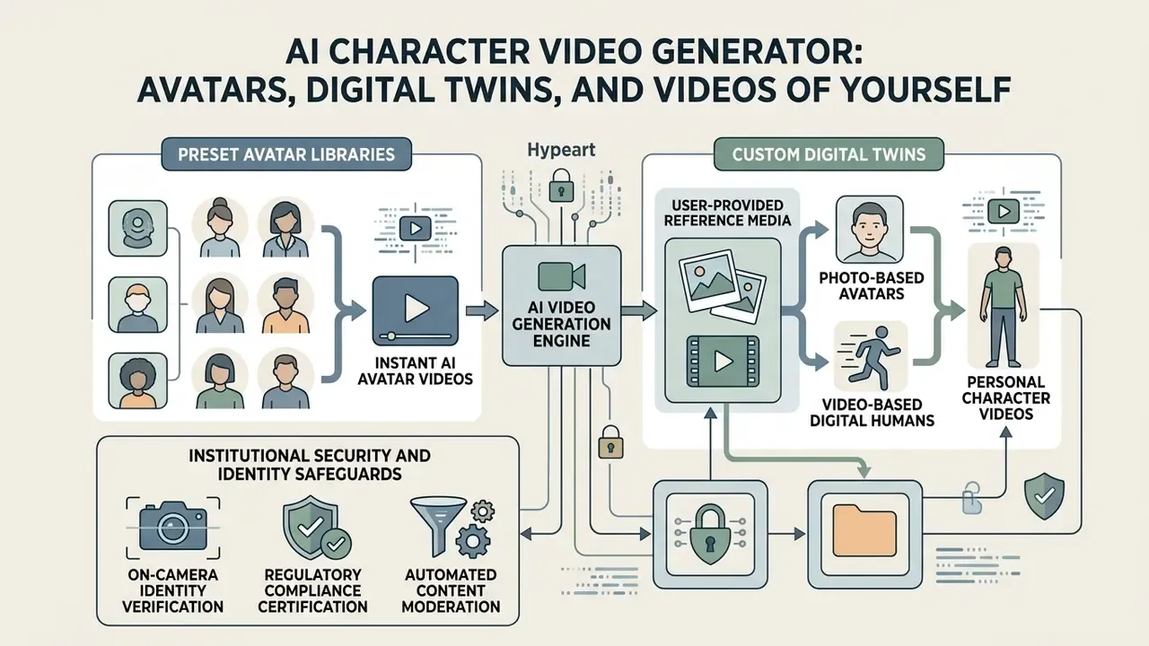 Infographic showing how an AI video generator creates content from preset libraries or custom digital twins