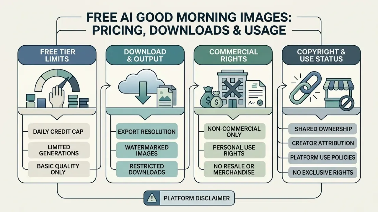 Four column infographic outlining tier limits, download output, commercial rights, and copyright status