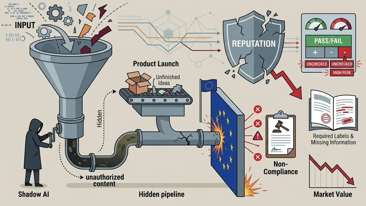 Shadow AI operator feeding a funnel that pipes unverified content into a wall representing EU regulations
