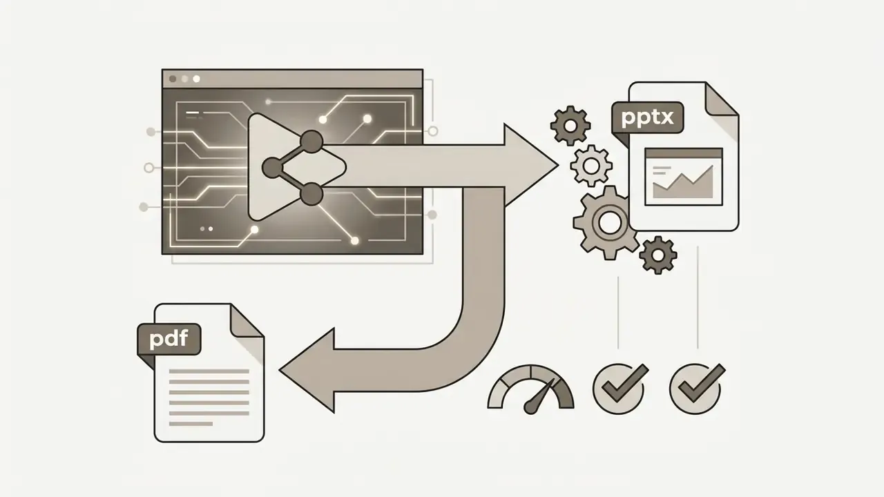 Web interface exporting digital content into formatted PDF and PPTX files with status indicators