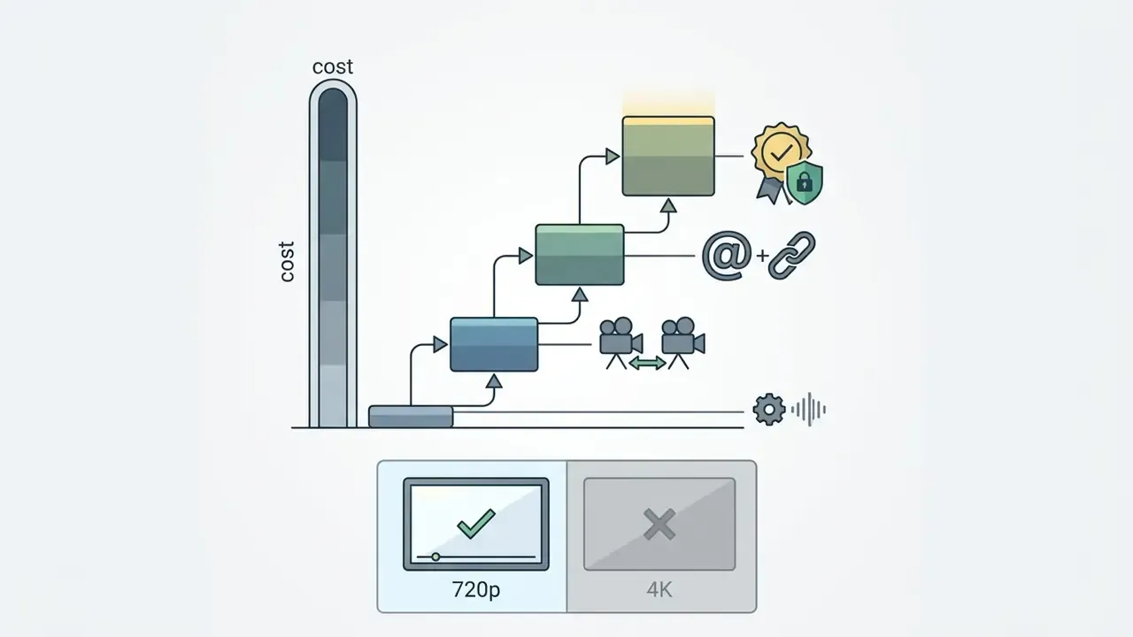 Stepped process showing Google Veo resolution settings and audio integration impacting total cost